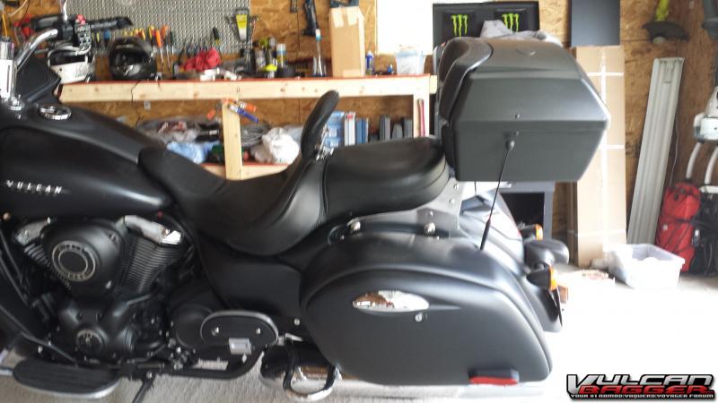 Tour pack I had to build myself since Kawi doesn't make one. Got the KQR backrest ad removed the upright with the passenger backrest.  Added a luggage rack and got a trunk on ebay for about $75. Painted it flat black and voila.  Added storage and didnt have to buy a backrest for the seat.