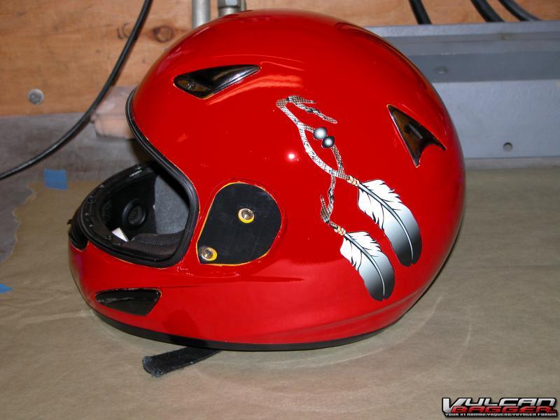 Helmet in Corvette Torch Red to match Nomad. PurpleIron.com "DreamCatcher" feather decals...