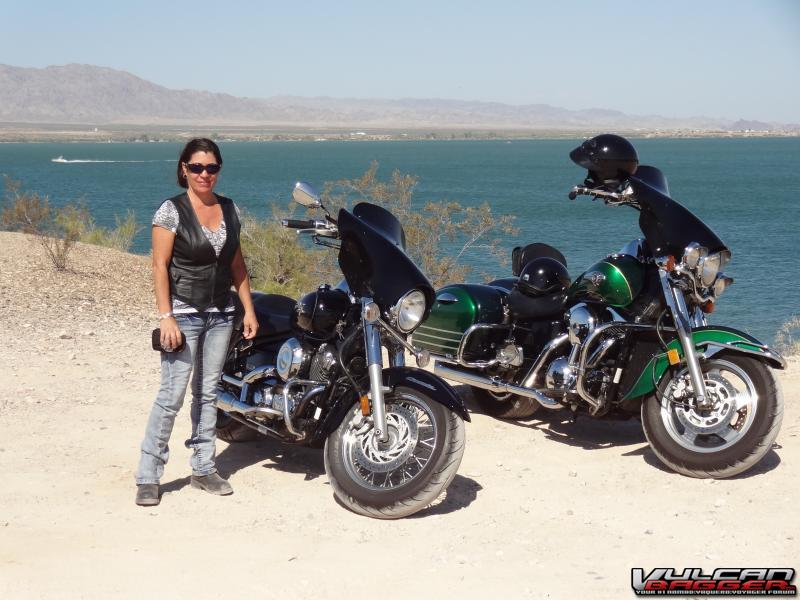 Girlfriend and the bikes at Lake Havasu AZ. At 98 lbs. and just under 5' tall. That little 650 looks like an UltraGlide when she's riding it.